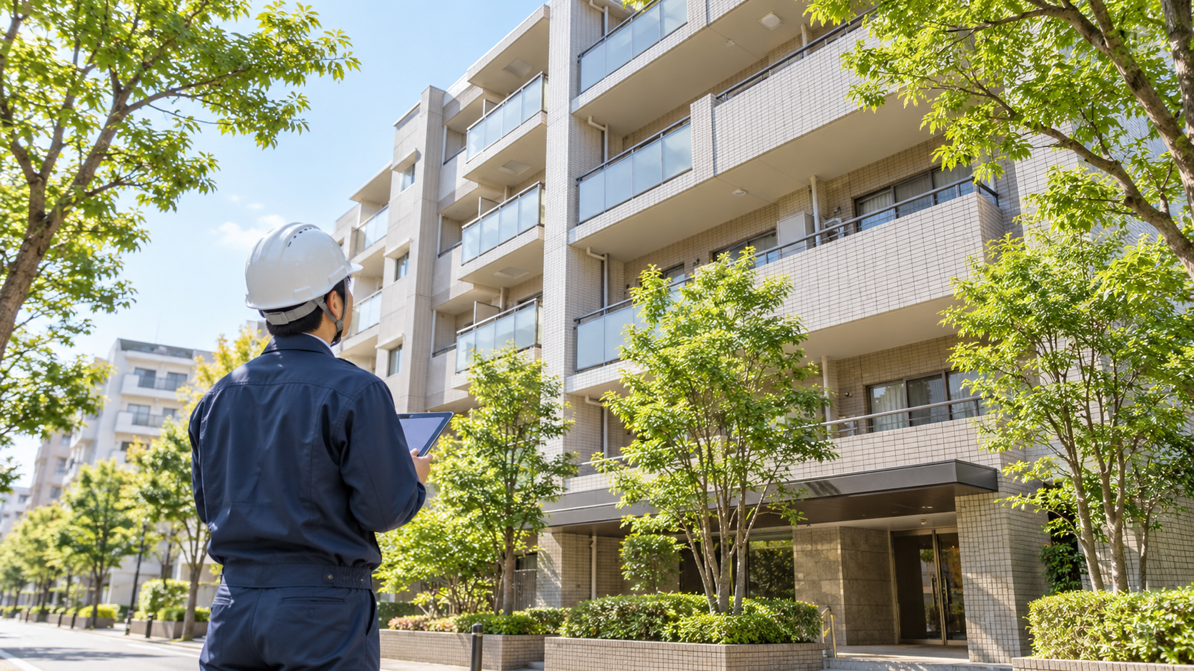集合住宅の外壁と緑を見ながらタブレットで状態を確認する技術者